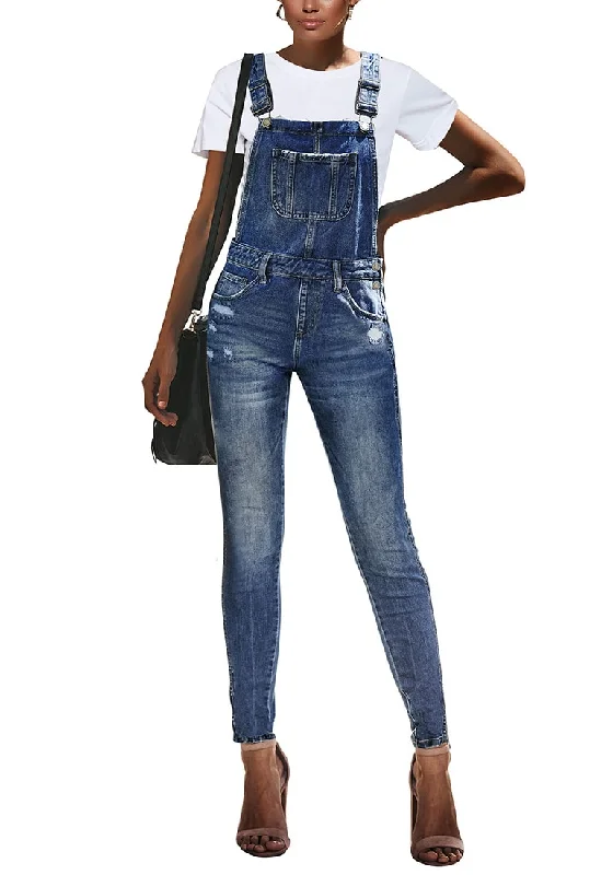 Women's Jumpsuits with Rounded HemDark Blue Ripped Denim Skinny Jeans Bib Overall