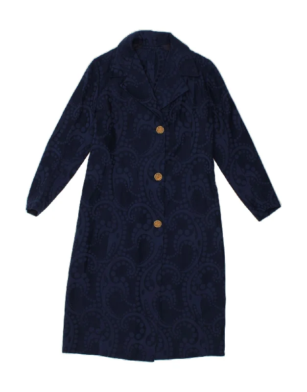 Women's Coats with Fur Trimmed HoodVINTAGE Womens Overcoat UK 10 Small Navy Blue Paisley