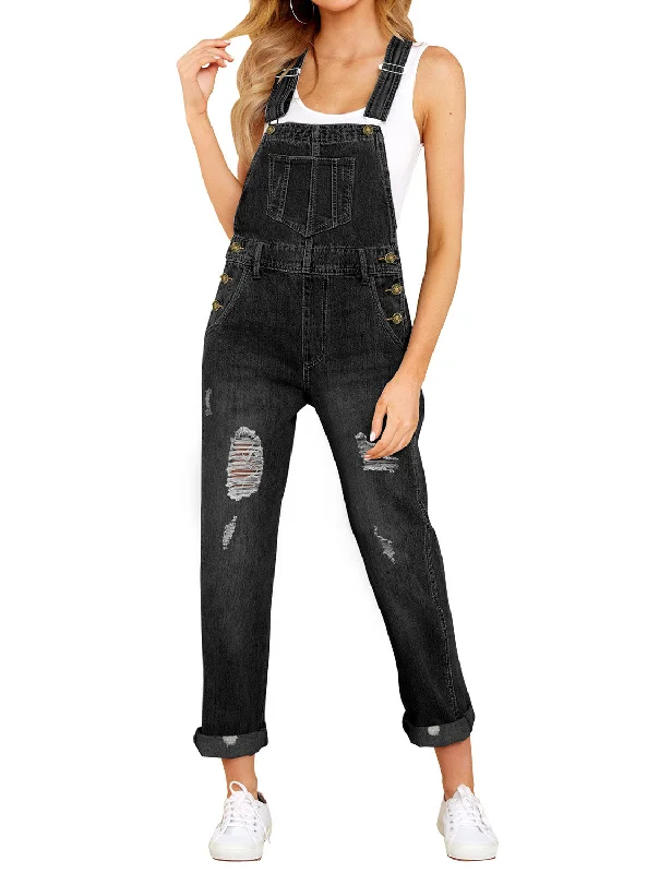 Women's RompersBlack Cuffed Hem Ripped Bib Denim Overall Jumpsuit