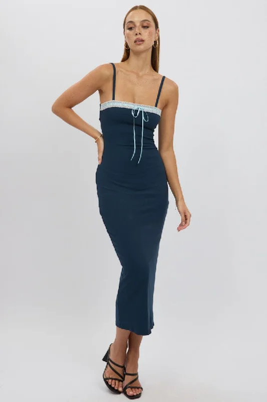 Women's U-Back DressesBlue Bodycon Dress Maxi Ribbon Trim