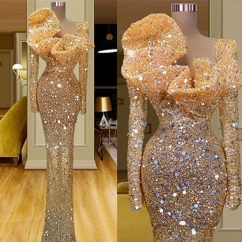 Women's Mandarin Collar DressesArabic Mermaid Prom Dresses Sparkly Sequins Long Sleeves Evening Formal Party Second Reception Birthday Engagement Gowns فستان