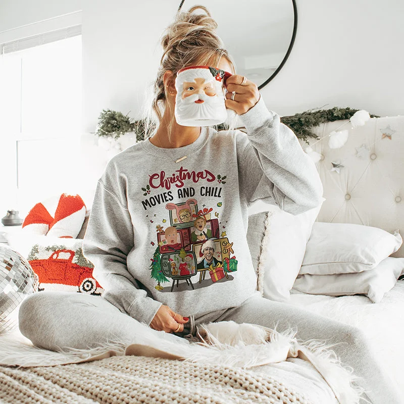 Women's Hooded Sweatshirts with Geometric LiningChristmas Movies And Chill Crewneck Sweatshirt