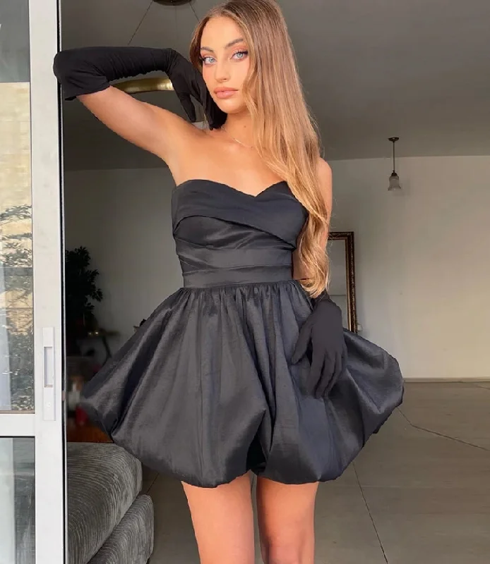 Women's Lapel Collar DressesA-line Short Black Homecoming Dress Sweetheart Pleat Satin Prom Gown Formal Occasion Evening Party Dress Vestidos De Festa