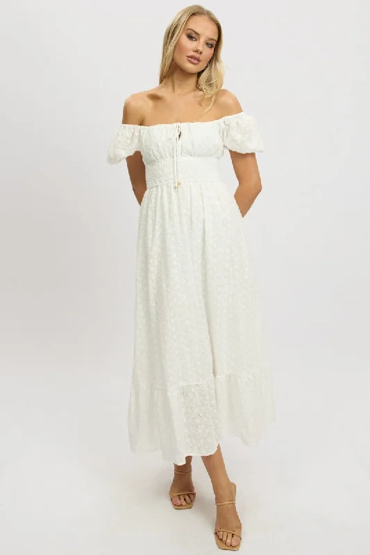 Women's Square Collar DressesWhite Maxi Dress Puff Sleeve Eyelet Fabric