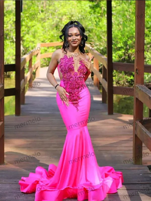 Women's Sleeveless DressesBarbie Pink Prom Dress Sparkling Rhinestone Beaded Embellished Party Dress