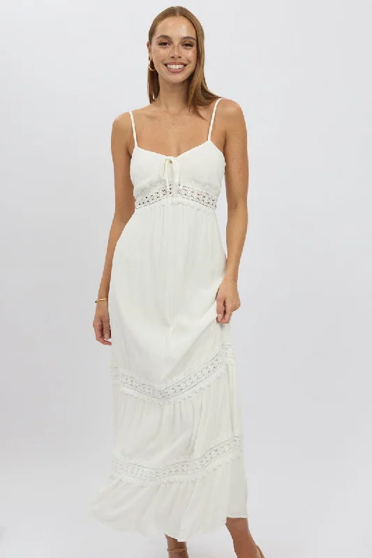 Women's High-Neck DressesWhite Maxi Dress Strappy Lace Trim