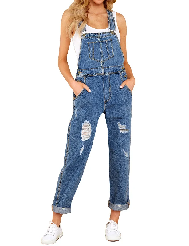 Women's Short-Sleeve JumpsuitsLight Blue Cuffed Hem Ripped Bib Denim Overall Jumpsuit