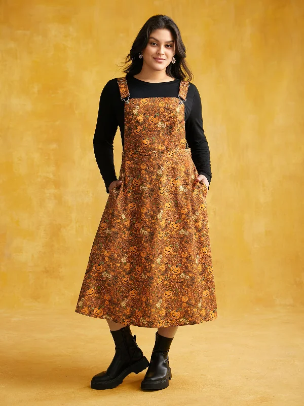 Women's Wide Collar DressesPumpkin Print Suspender Midi Dress