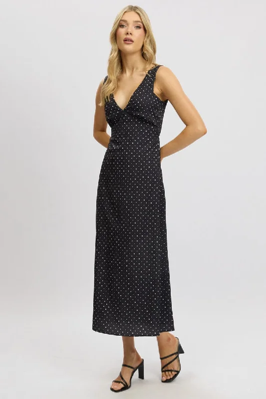 Women's Sweetheart-Back DressesBlack Polka Dot Maxi Dress V-neck