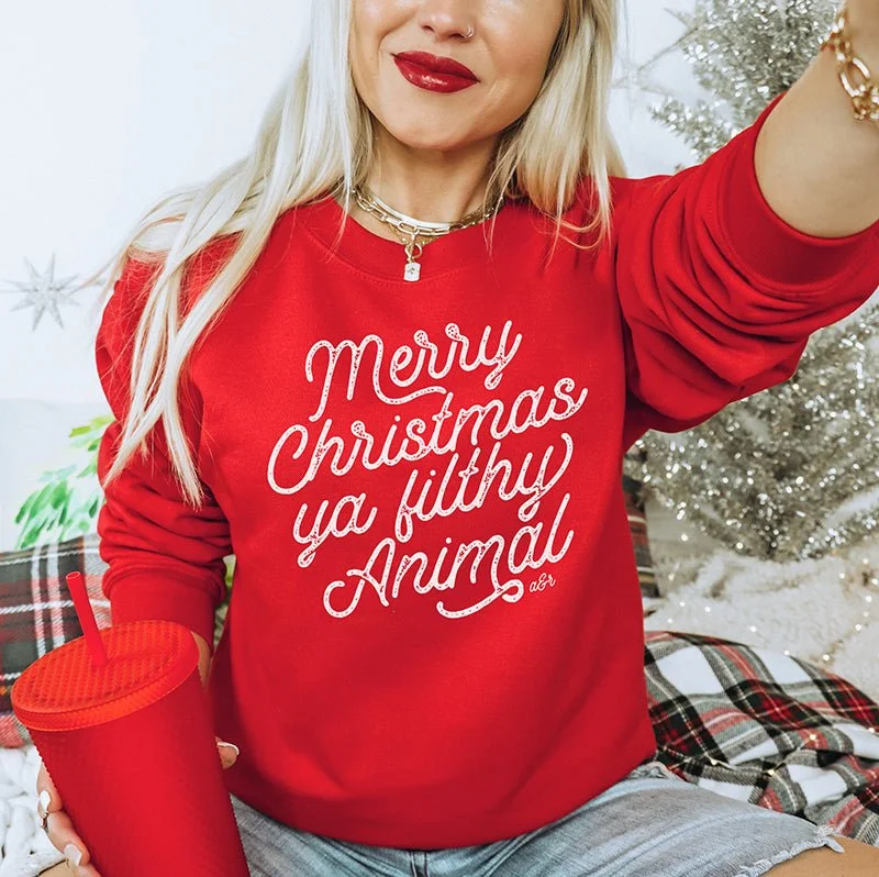 Women's Hooded Sweatshirts with Polyester LiningMerry Christmas Ya Filthy Animal Crewneck Sweatshirt