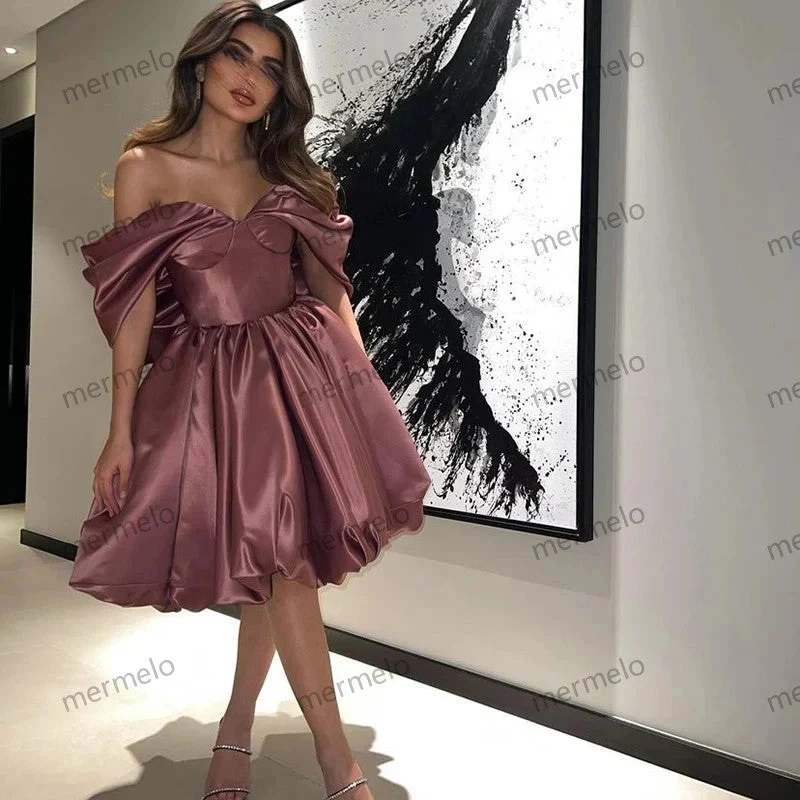 Women's Shawl Collar DressesOff Shoulder Satin Evening Dress Short Girl Birthday Prom Dress A-line Evening Party Dresses Formal Occasion Gown