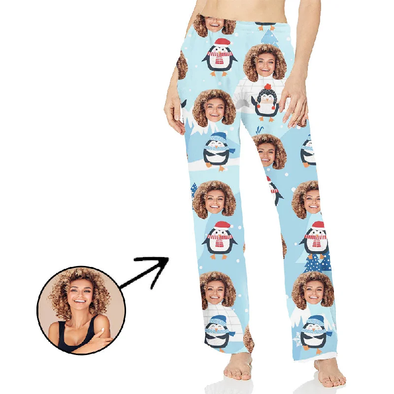 women's pajamas with a comfortable fitCustom Photo Pajamas Pants For Women Penguin And Snowflake