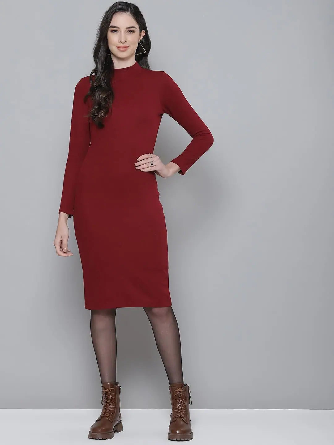 Women's One-Shoulder DressesMaroon Rib Turtle Neck Zipped Bodycon Dress