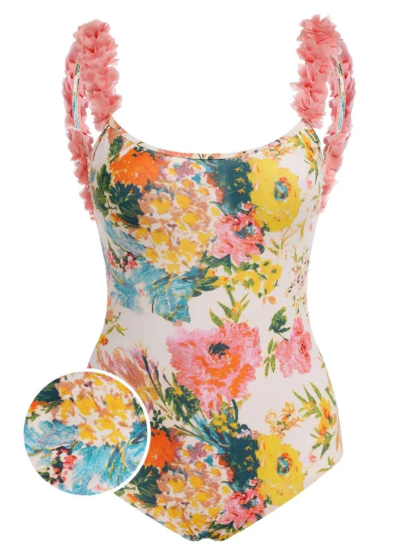 1930s 3D Floral Strap Backless One-Piece Swimsuit