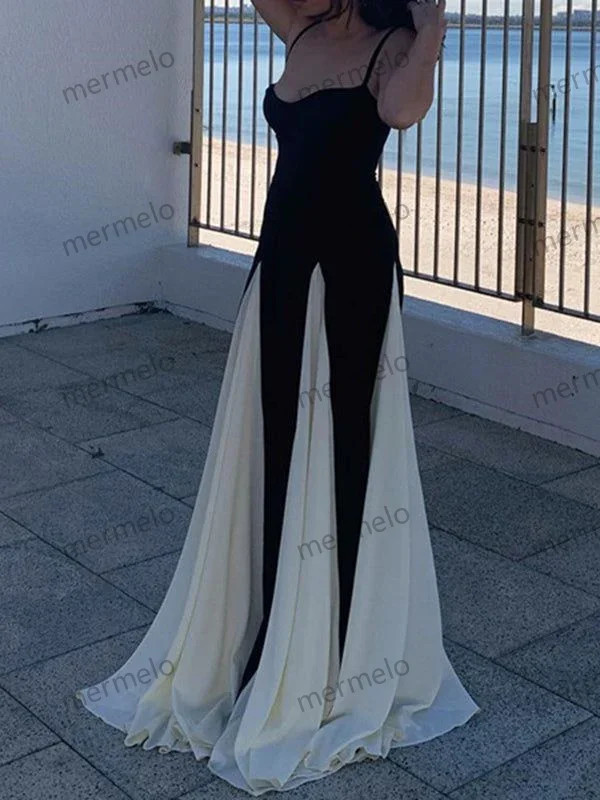 Women's Halter DressesModest A line Spaghetti Straps Black Long Prom Dresses Formal Graduation Party Dress Evening Dress