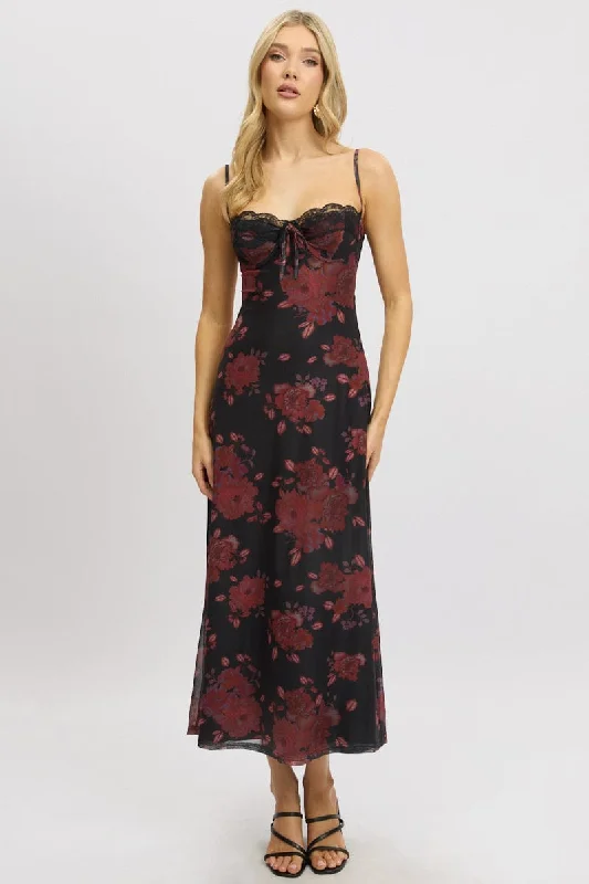 Women's High-Low DressesBlack Floral Maxi Dress Back Tie Mesh