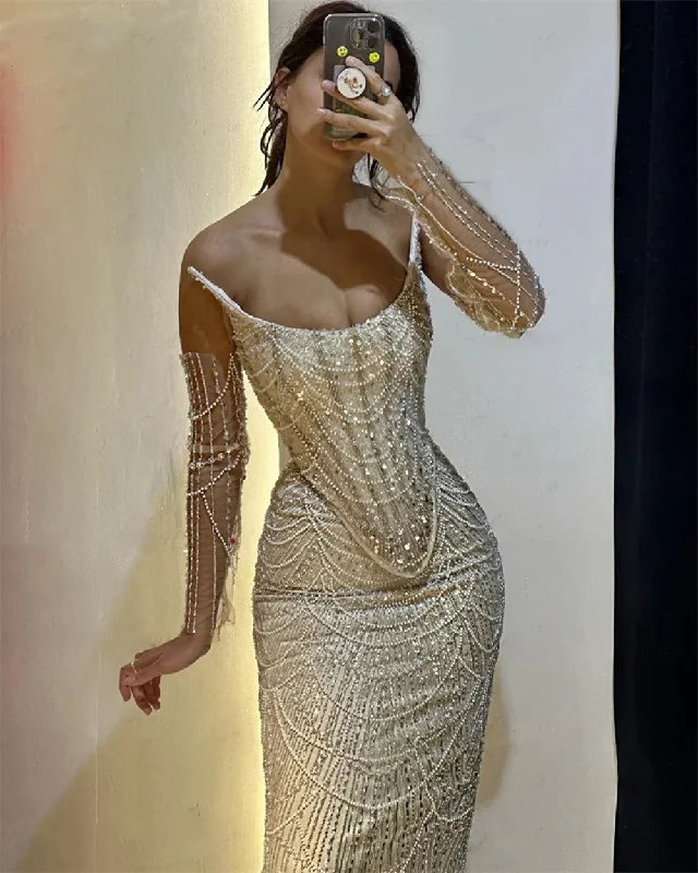 Women's Sleeveless Dresses3 Pieces Suit Sequined Pearls Evening Dresses Luxury Mermaid Champagne Beaded Spaghetti Straps Formal Prom Party Gowns Vestidos