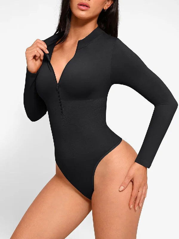 plus-size tummy control bodysuitLong Sleeve Zip Up Thong Bodysuit - Black