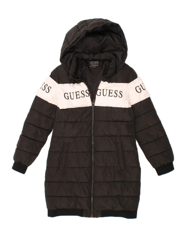 Women's Coats with Fur Trimmed HoodGUESS Womens Graphic Hooded Padded Coat UK 14 Medium Black Colourblock