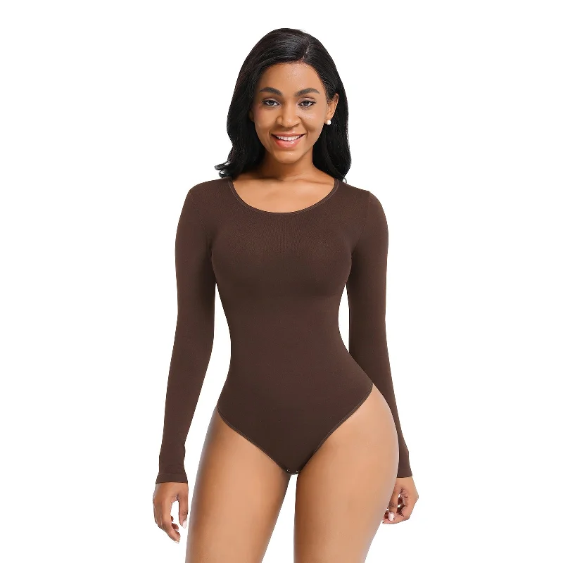 plus-size full-coverage shapewear for dressesEssential Seamless Long Sleeve Shaping Bodysuit - Brown