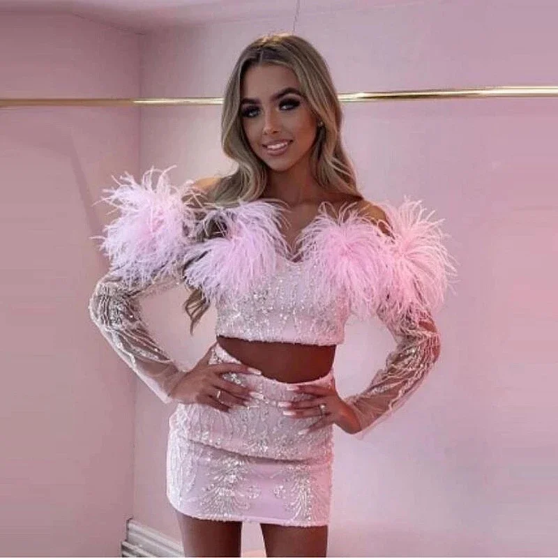 Women's Keyhole-Neck DressesBaby Pink Chic Cocktail Dresses with Feathers Long Sleeves Off Shoulder 2 Pieces Prom Dress Short Sequin Beaded Party Night Gown