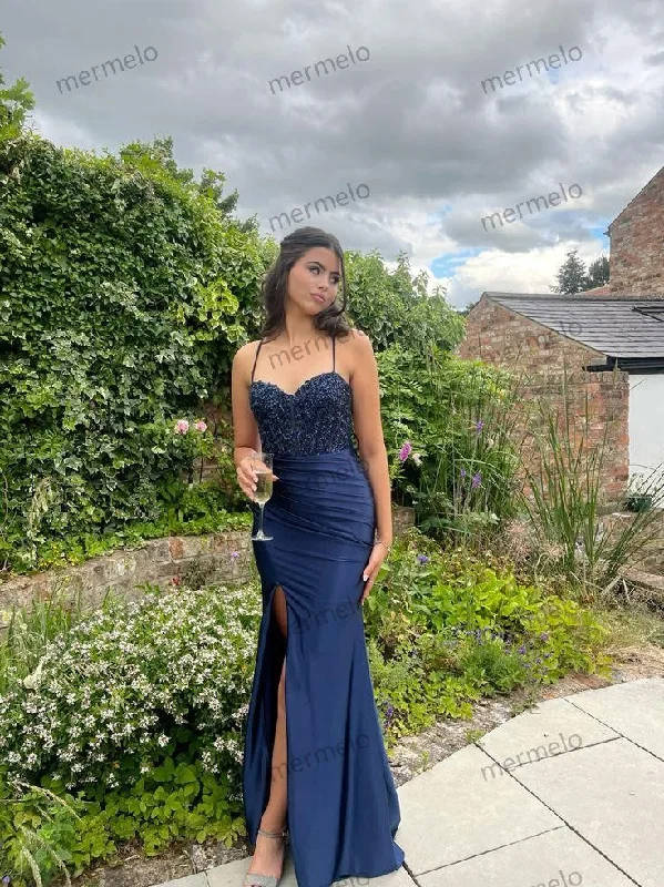 Women's Midi DressesNavy Blue Long Prom Dress with Slit Elegant Evening Party Dress