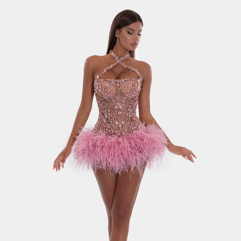 Women's Shirt Collar DressesLuxury Crystals Beading Short Prom Dresses Pink Halter Feathers Mini Cocktail Dress vestidos de gala mujer Gala Event Party Gown