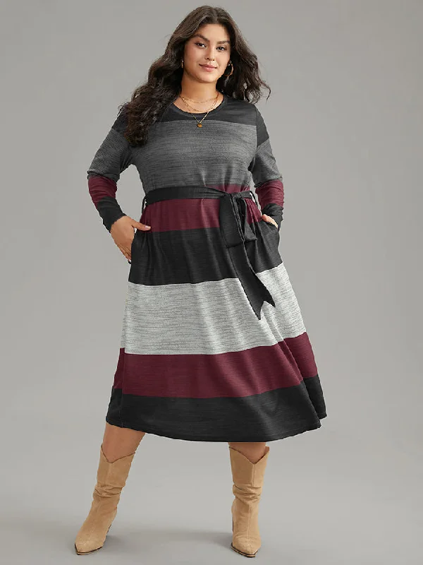 Women's Shawl Collar DressesColorblock Contrast Heather Belted Dress