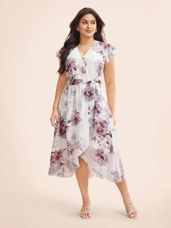 Women's U-Shaped Collar DressesFloral Overlap Collar Ruffle Cap Sleeve Dress