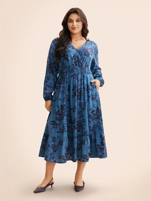 Women's Square-Neck DressesFloral Wrap Lantern Sleeve Pocket Shirred Ruffle Hem Dress