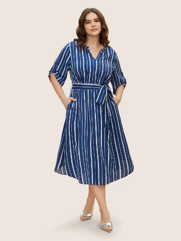 Women's High Collar DressesNotched Striped Button Cuff Sleeve Dress