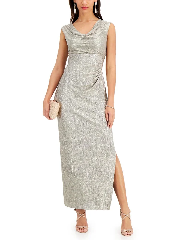 Women's Square-Neck DressesPetites Womens Metallic Cowl Neck Evening Dress