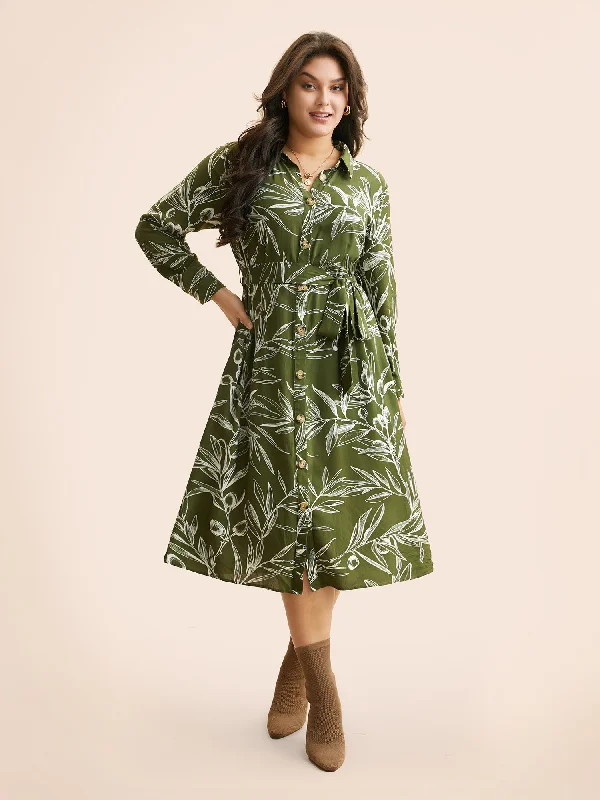 Women's Sweetheart-Back DressesShirt Collar Plants Print Belted Dress