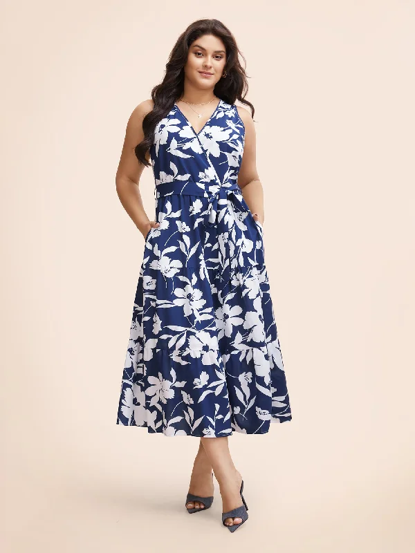 Women's Long-Sleeve DressesSilhouette Floral Print Wrap Sleeveless Dress