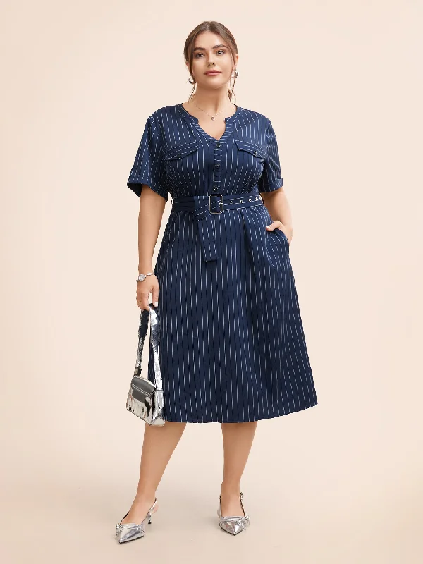 Women's Boat-Neck DressesStriped Notched Button Detail Belted Dress