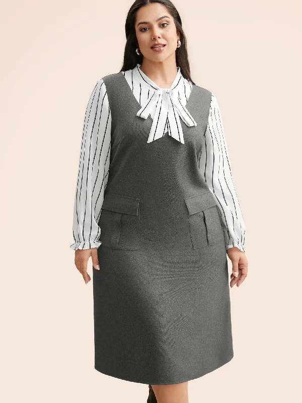 Women's Narrow Collar DressesStriped Patchwork Ribbon Tied Collar Dress