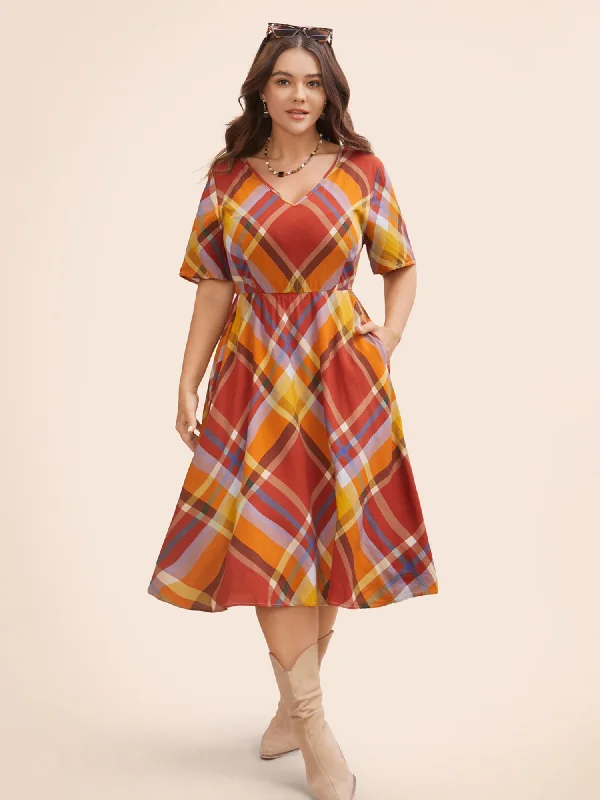 Women's Pencil DressesV Neck Plaid Ruffle Sleeve Dress