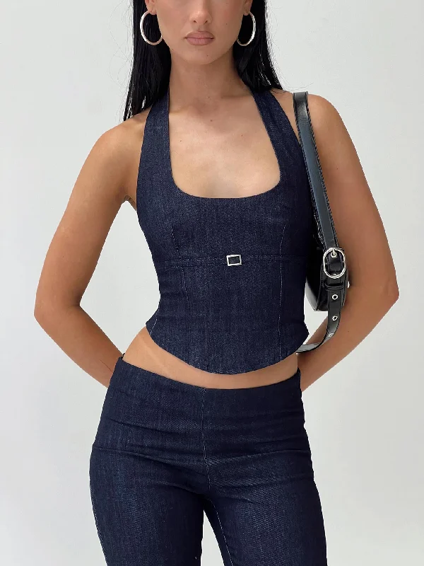 Women's Blouse with Narrow CollarNasya Halter Top Indigo