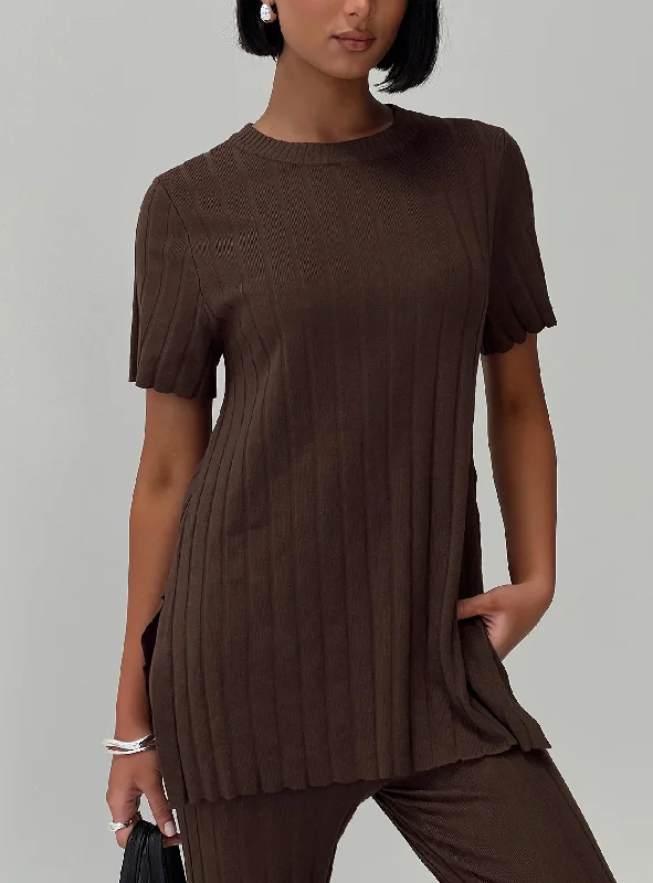 Women's Blouse with Square CollarNiah Ribbed Top Chocolate