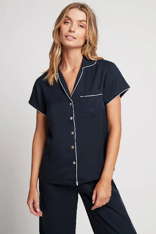 women's pajamas with a classic designEva Short Sleeve with Long Pant Tencel™ Pyjama Set - Navy with White Piping